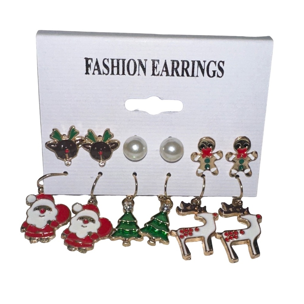 Holiday Christmas Earring Set Mixed Styles Santa Trees Reindeer Studs Dangles